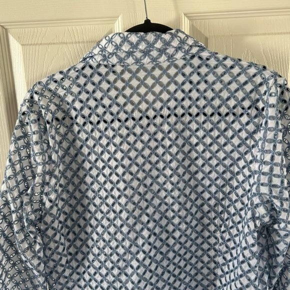 Samuel Dong Eyelet Cutout Button Down Long Sleeve Blouse, Blue White Sz Medium - Picture 14 of 16